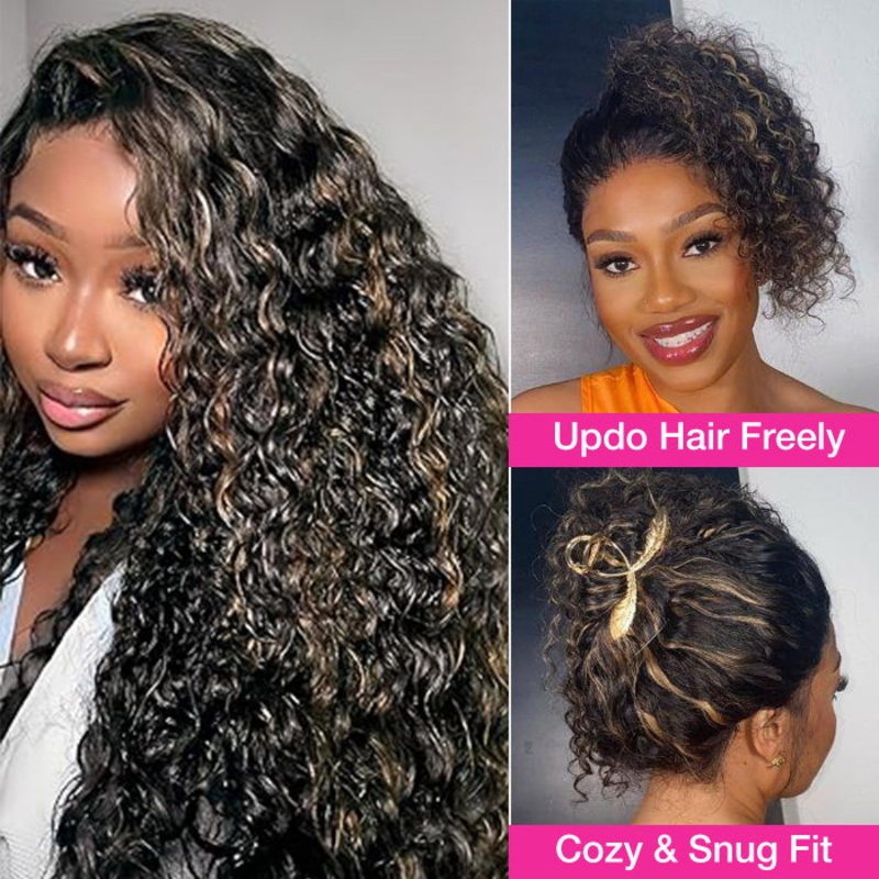 250% Water Wave Pull & Go Hidden Strap 360 Skin Lace Frontal Wig Balayage Highlight Blonde Highlight Pre-cut & Pre-bleached Human Hair Wig Cozy & Sung Fit