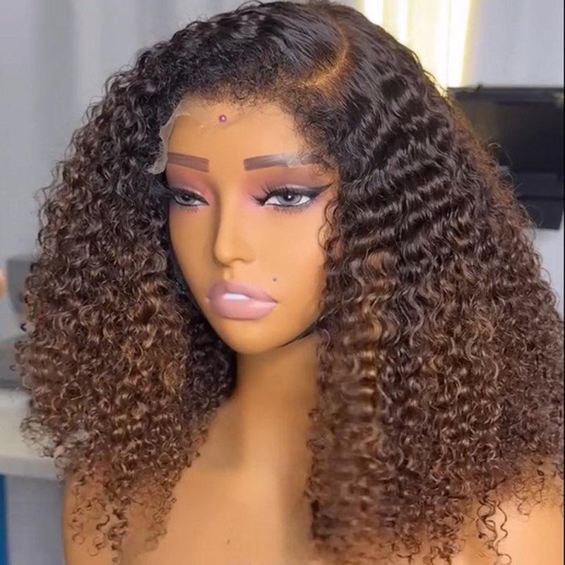 4c Edges Ombre Brown Culry Human Hair Lace Wig Natural Kinky Culry Edges Undetectable HD Lace Front Wig