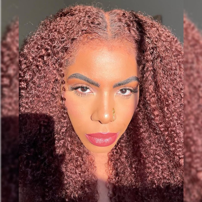 4C Edges Reddish Brown Curly Lace Wig Quality Glueless HD Lace Human Hair Wig For Black Women