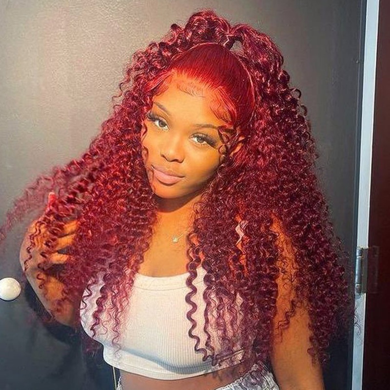 99J Colored Curly 13×4 13×6 HD Lace Frontal Real Human Hair Wigs Burgundy Glueless Human Hair Wig
