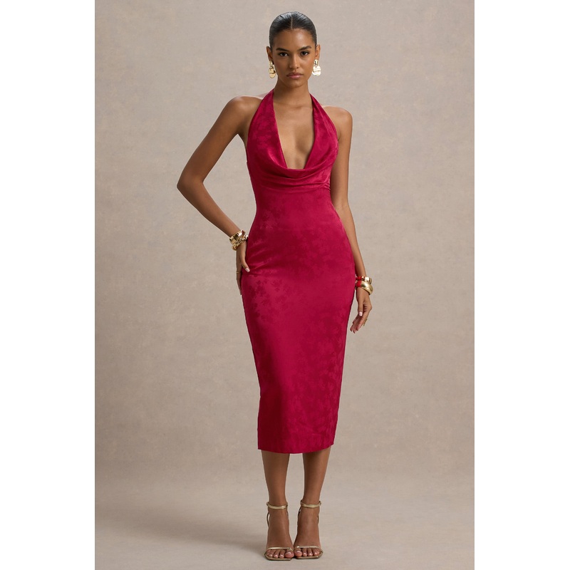 Aine | Red Satin Jacquard Cowl-Neck Midi Dress
