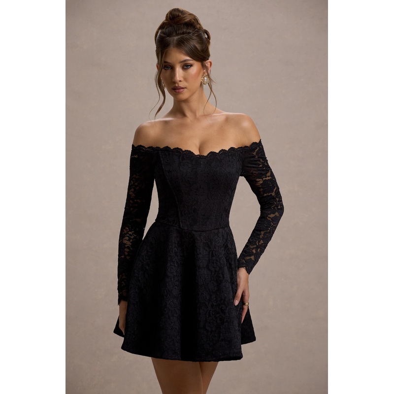 Alliste | Black Lace Bardot Mini Dress