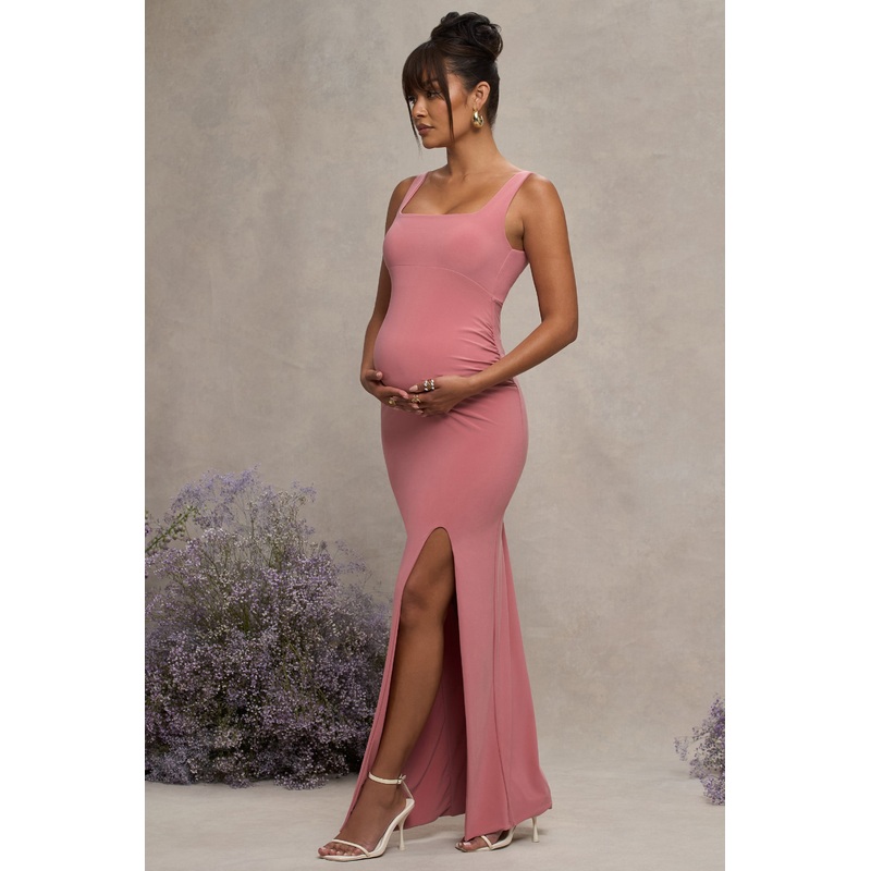Avril | Blush Square Neck Maternity Maxi Dress with Split