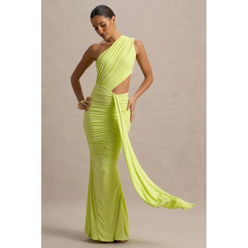 Beline | Lime Green One-Shoulder Cut-Out Maxi Dress With Drape