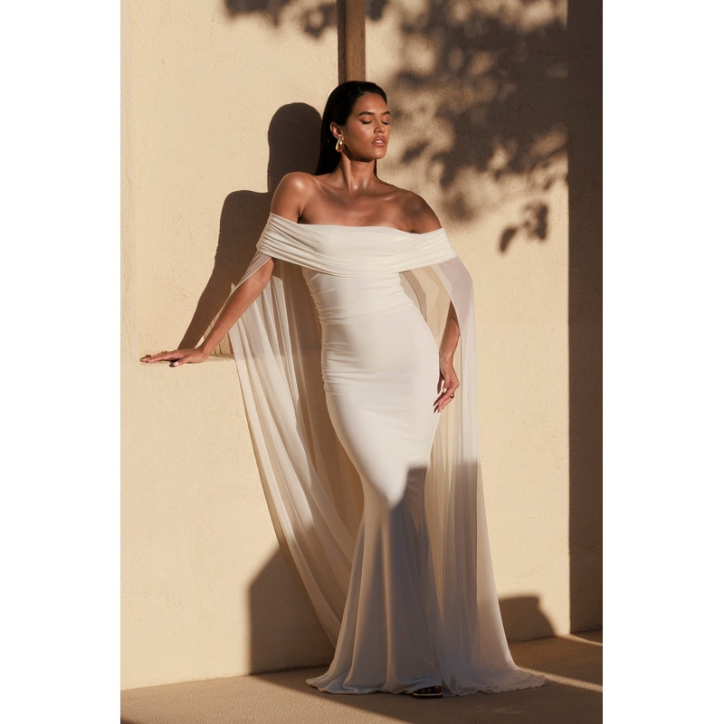 Carlotta | White Bardot Maxi Dress With Chiffon Cape