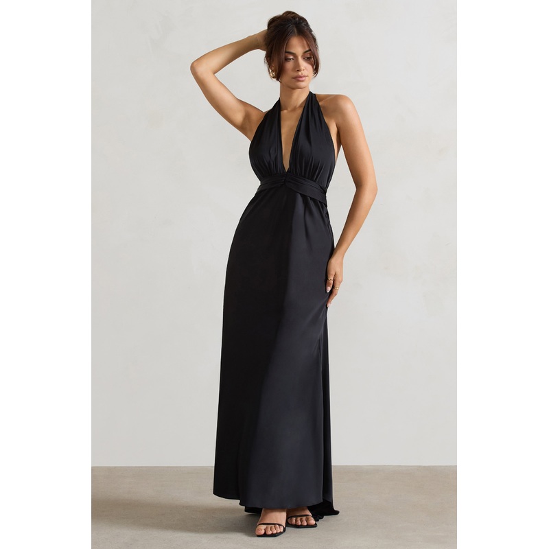 Carolyn | Black Satin Plunge Maxi Dress With Dipped Hem