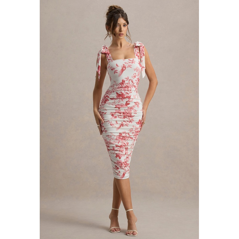 Cordelia | Pink Porcelain Print Bodycon Midi Dress With Bow Straps
