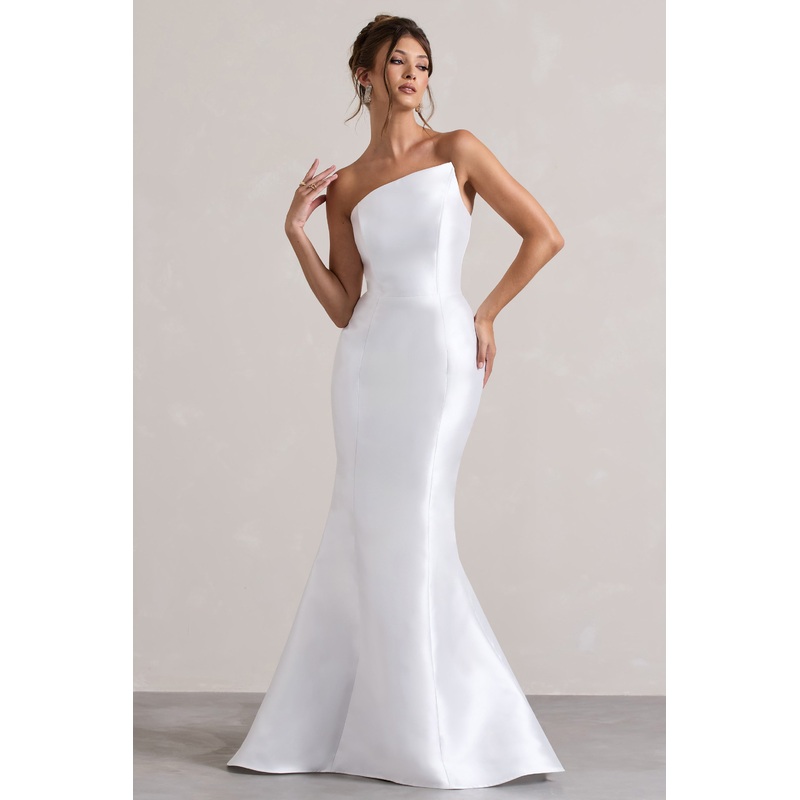 Define | White Satin Asymmetric Fishtail Maxi Dress