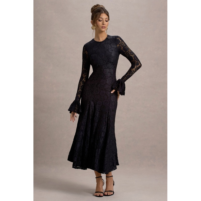 For Life | Black Lace Long-Sleeve Midi Dress