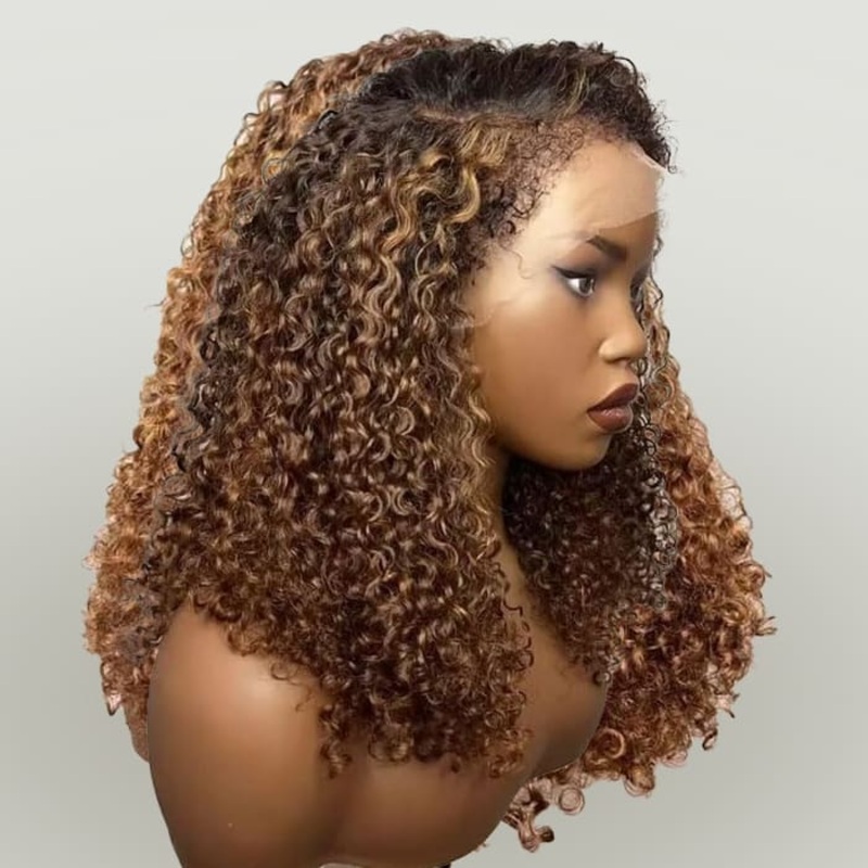 Glueless 4c Edge Blonde Highlight Curly Human Hair Lace Wig Natural Kinky Curly Edges Undetectable HD Lace Front Wig