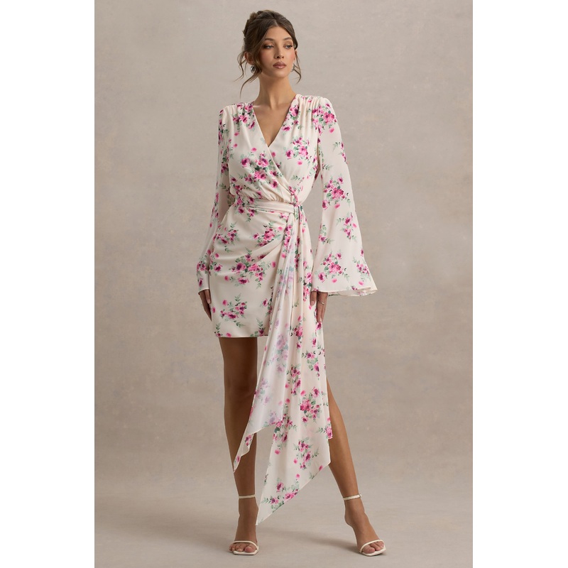 Goldie | Cream Floral Print Chiffon Long-Sleeve Wrap Mini Dress