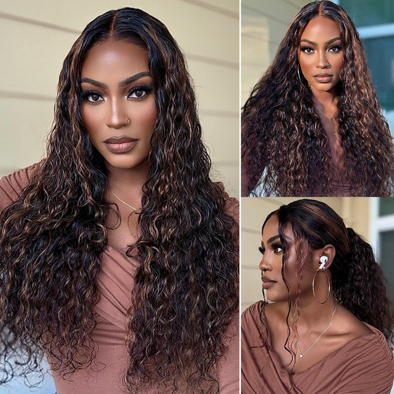 Honey Brown Highlight Water Wave Glueless Human Hair Wig Pre Bleached Pre Cut Undetectable HD Lace Front Wig 220%