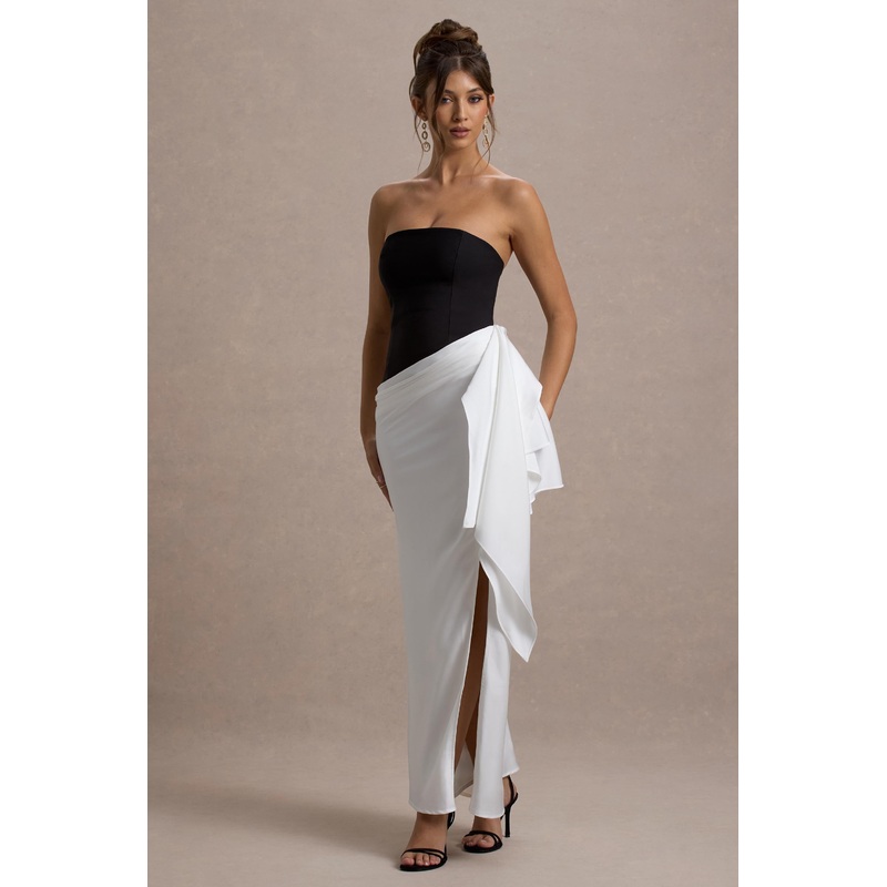 Kalinda | Black And White Strapless Maxi Dress With Draped Skirt