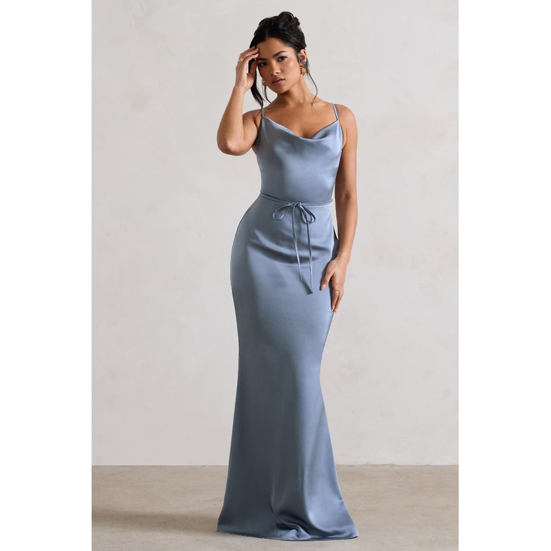 Lifetime | Slate Blue Satin Cowl Neck Maxi Dress With Cross Back Detail