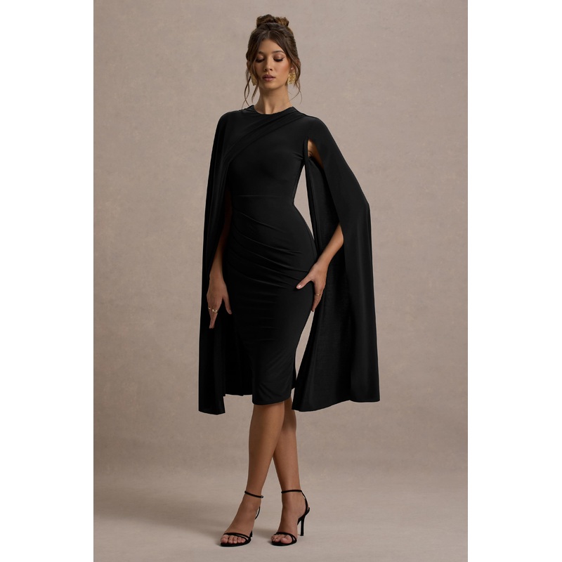 Marysol | Black Asymmetric Cape Midi Dress