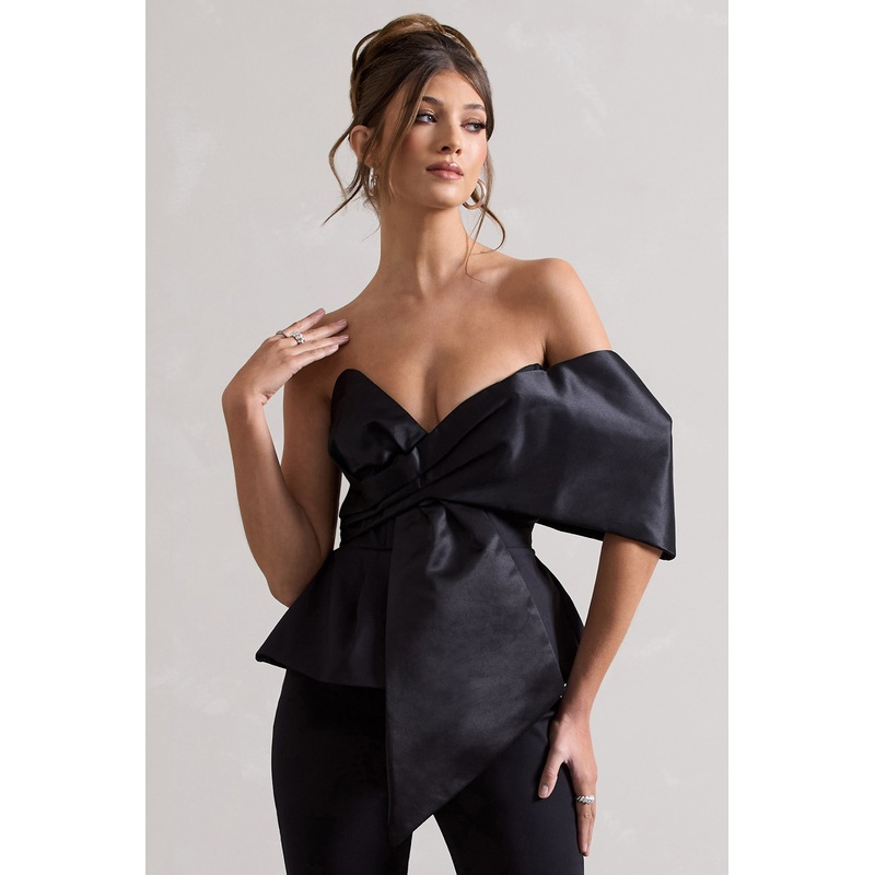 Mayfair | Black Asymmetric Bardot Top With Peplum Hem