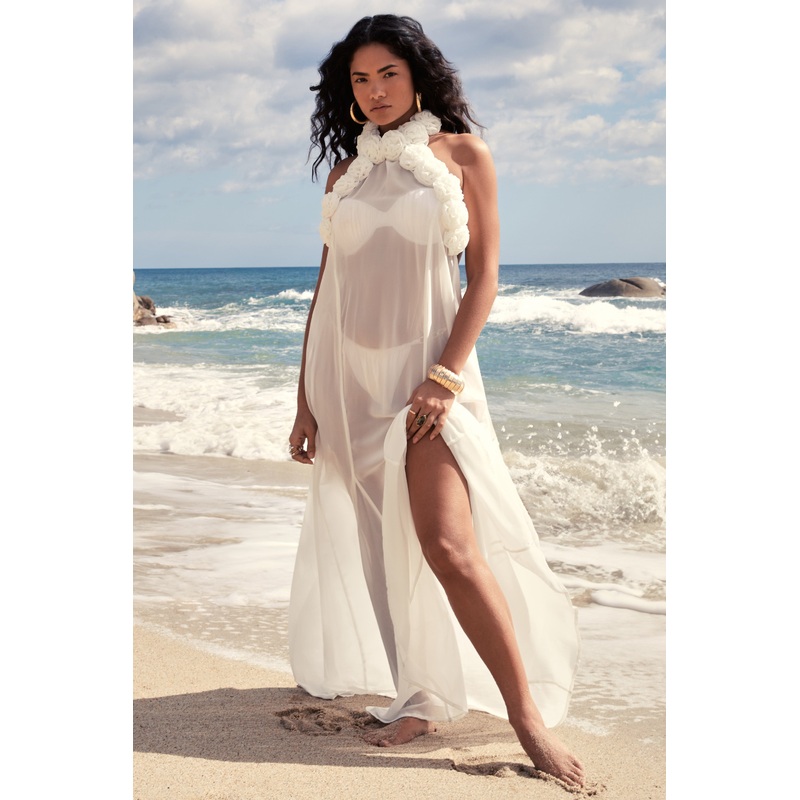 Naelya | White Chiffon Halter-Neck Maxi Dress With Corsages