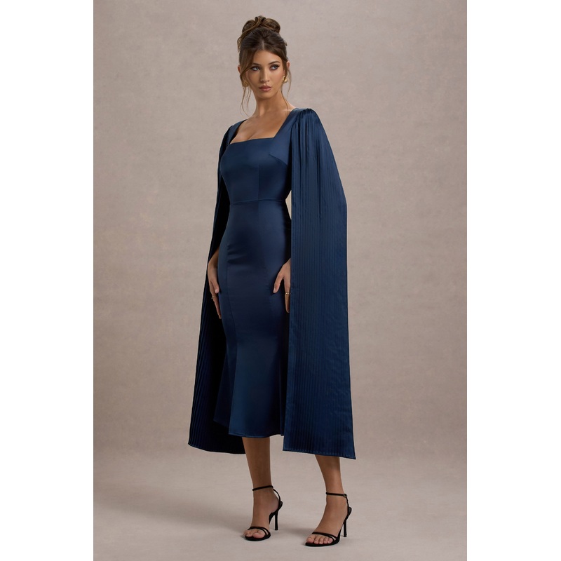 Nalda | Navy Square-Neck Midi Dress With Cape Sleeves