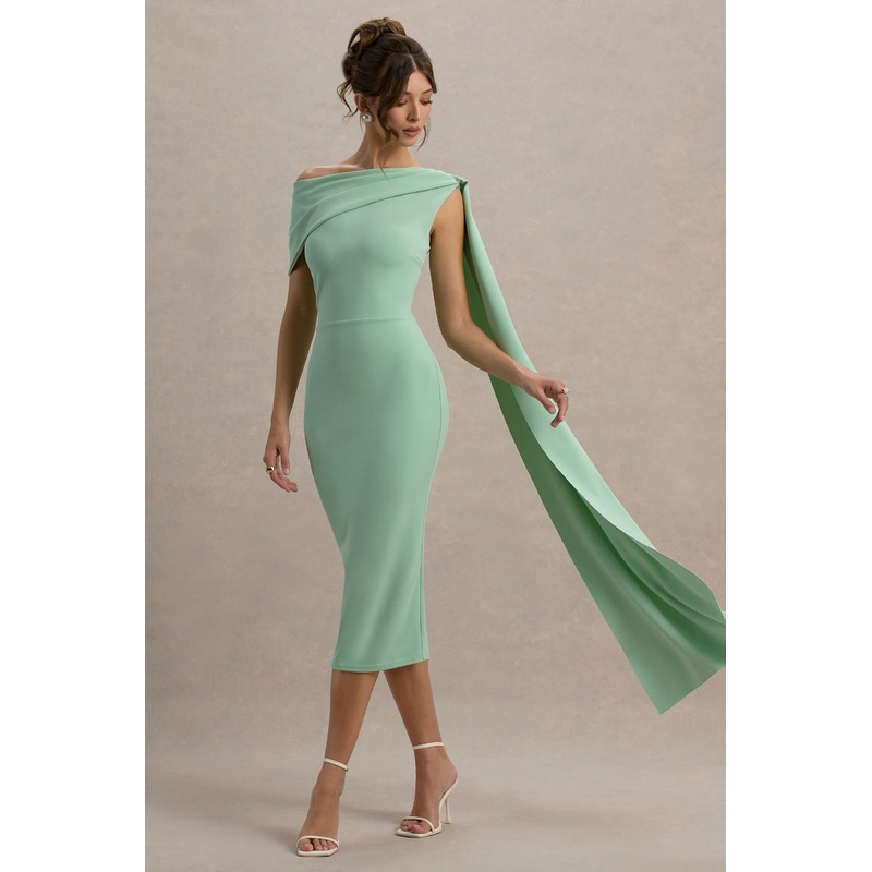 Niamh | Sage Asymmetric Midi Dress With Drape