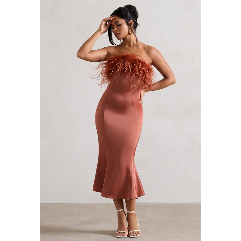 One And Only | Rust Satin Feather Trim Bandeau Midi Dress