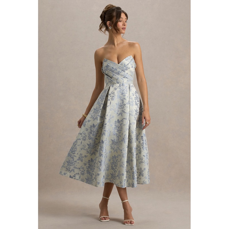 One Wish | Light Blue Jacquard Sweetheart Midi Dress