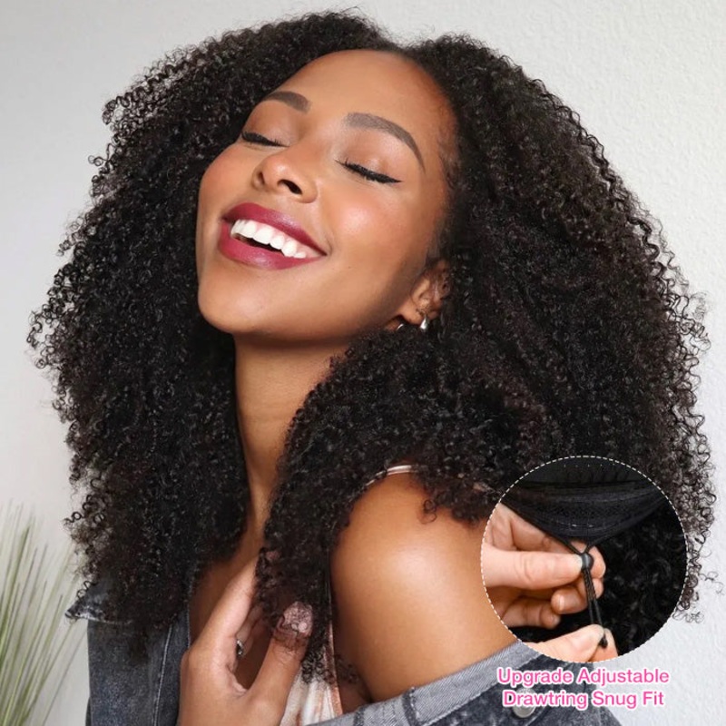 Pull Go V Part Kinky Curly Wig Upgrade Elastic Drawstring Fit All Sizes Put On & Go Glueless  Human Hair Wig Afro Curly Style