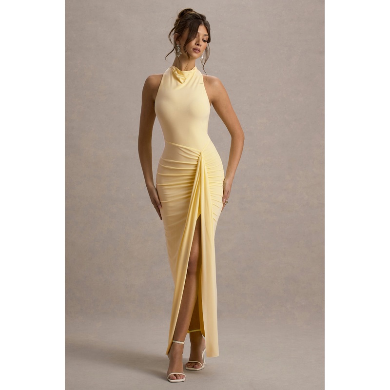 Sunflower | Pale Lemon Ruched High-Neck Split Maxi Dress
