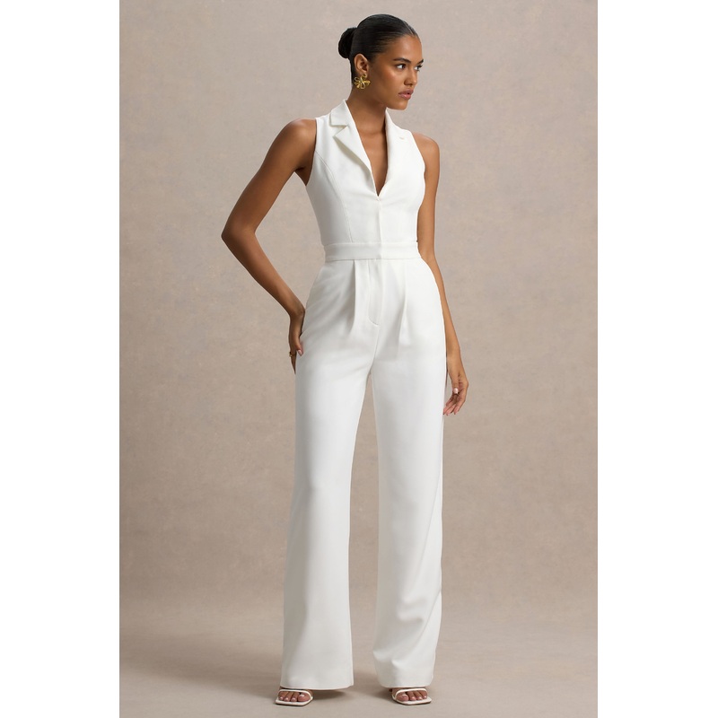 Trixie | White Plunge-Neck Tailored Jumpsuit