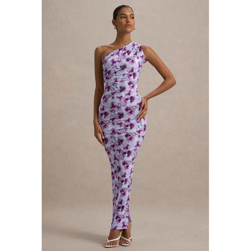Venetia | Purple Floral Print One-Shoulder Tie-Back Maxi Dress