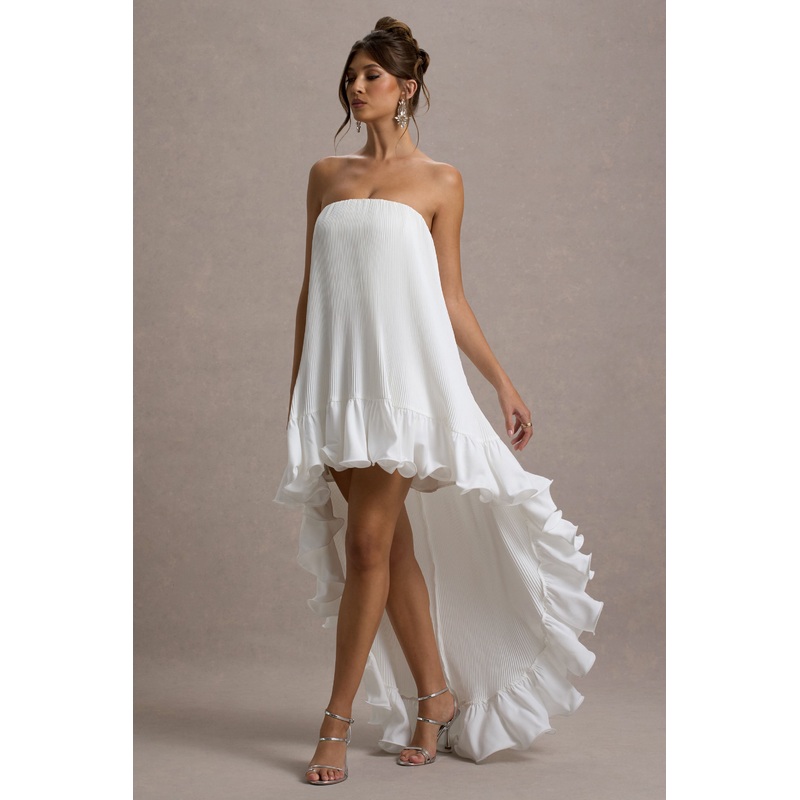 Whistler | White Chiffon Bandeau High-Low Ruffled Maxi Dress