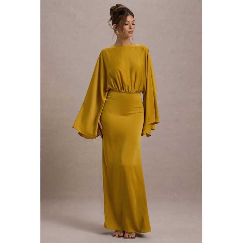 Zuzanna | Mustard Draped Maxi Dress With Cape Sleeves