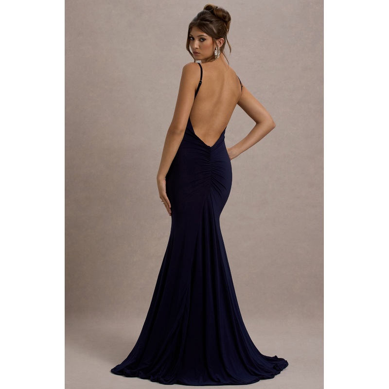 Adele | Navy Backless Ruched Fishtail Cami Maxi Dress