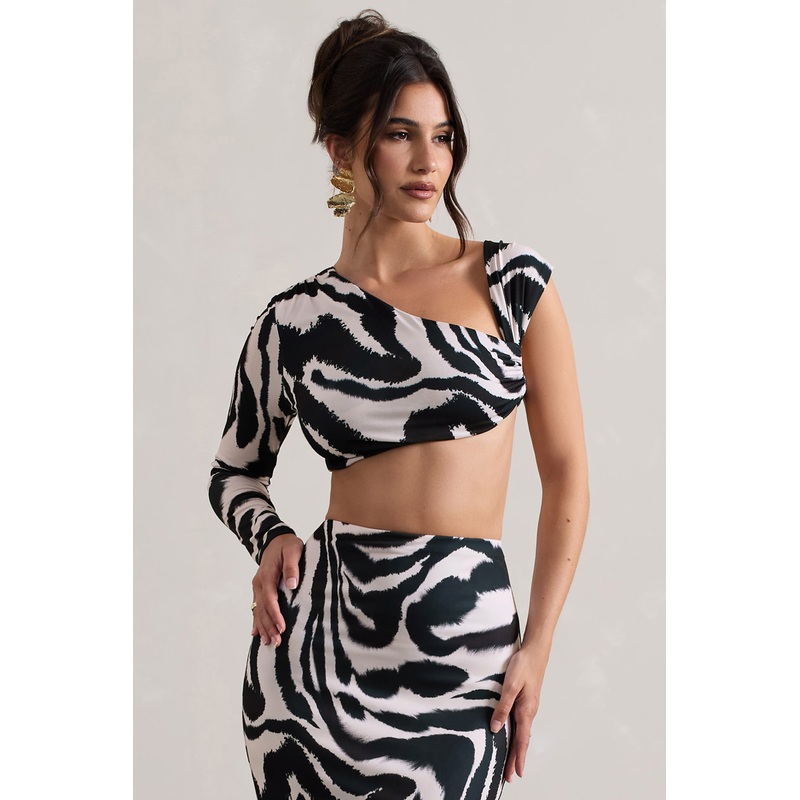 Agalia | Zebra Print Ruched Asymmetric One-Sleeve Crop Top