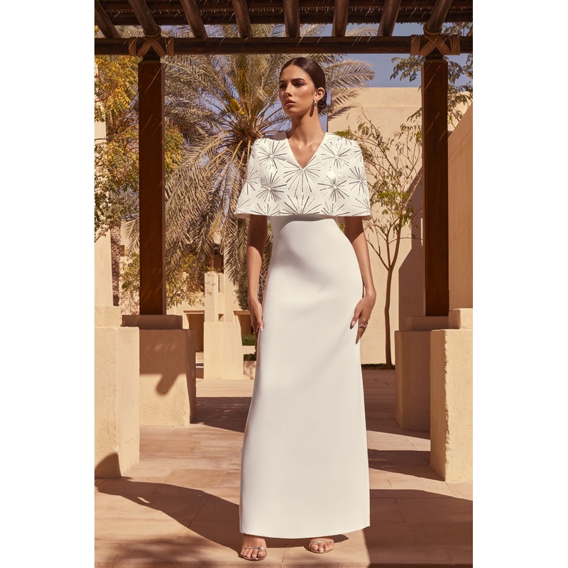 Agnella | White Embellished V-Neck Maxi Dress