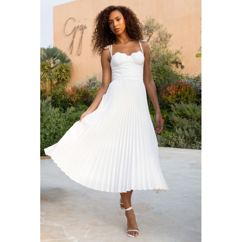 Agua | Cream Satin Sweetheart Midi Dress With Pleated Skirt