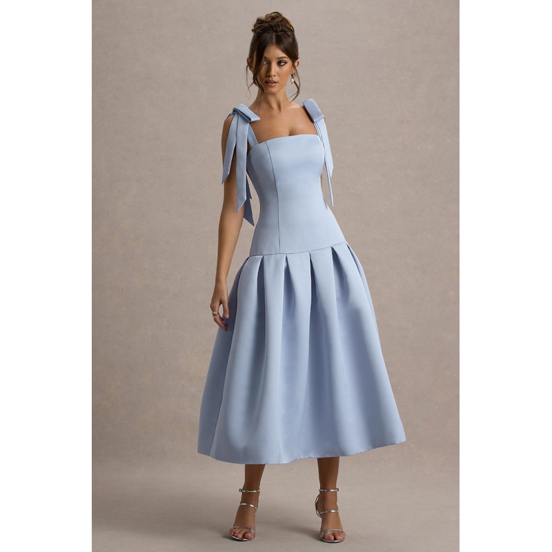 Alberta | Powder Blue Satin Midi Dress With Bow Straps
