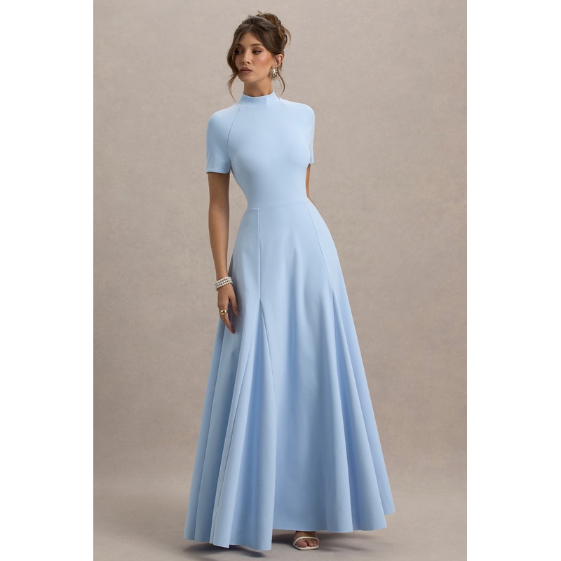 Alea | Powder Blue High-Neck Short-Sleeve Maxi Dress