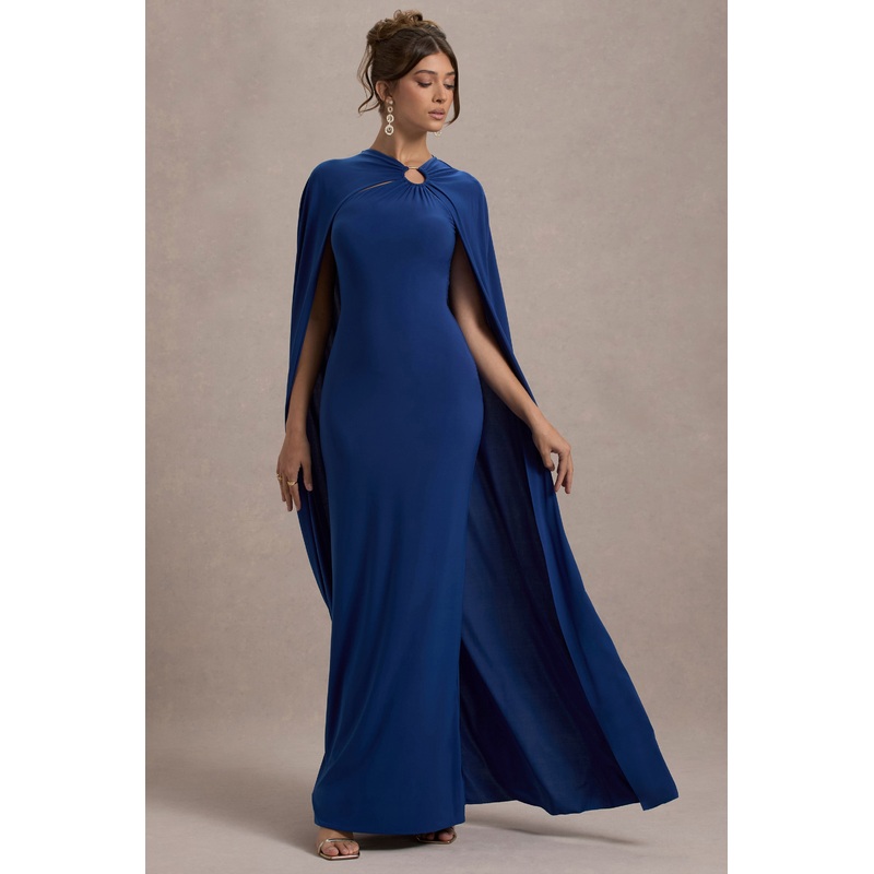 Aliza | Royal Blue Cape Maxi Dress With Gold Ring
