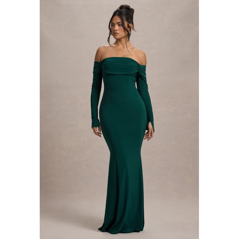Amaia | Bottle Green Bardot Long-Sleeve Maxi Dress