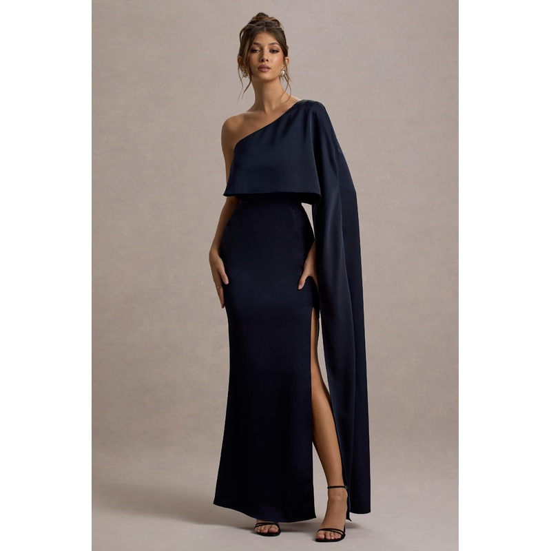 Amora | Navy Satin Asymmetric Cape-Sleeve Split Maxi Dress