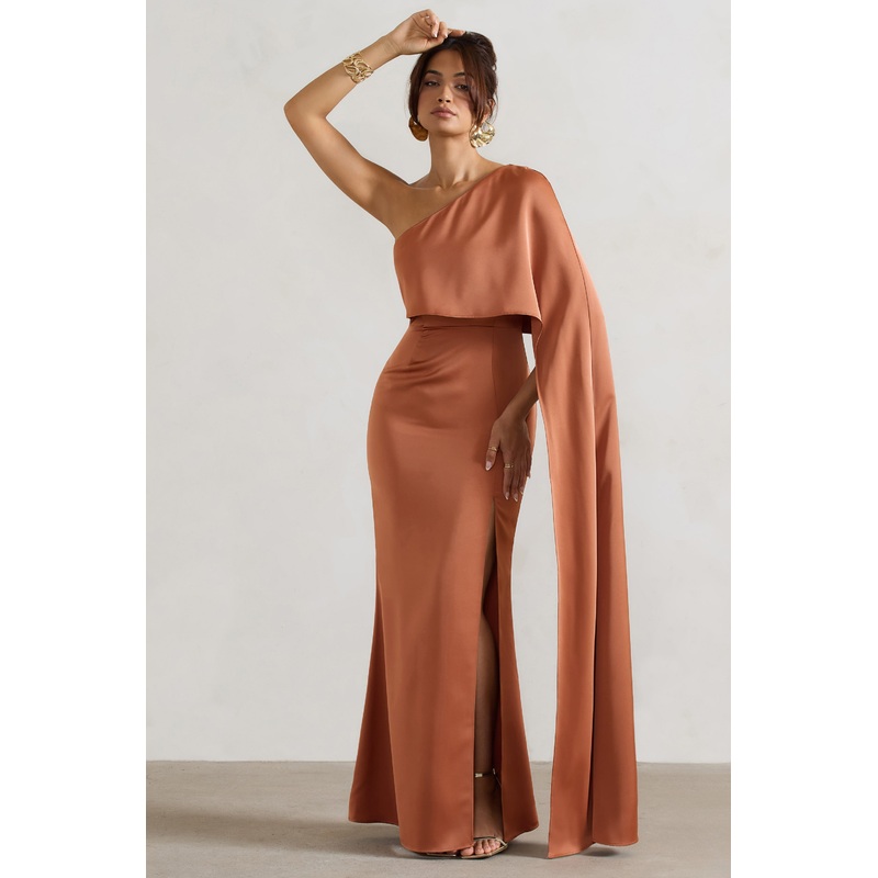 Amora | Rust Satin Asymmetric Cape-Sleeve Split Maxi Dress