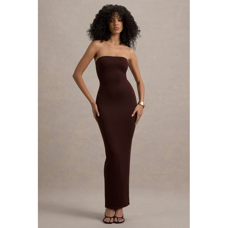 Angelie | Brown Bandeau Bodycon Maxi Dress