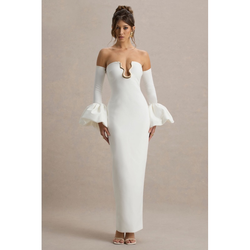 Annalisa | Cream Bandeau Maxi Dress With Satin Cuffs