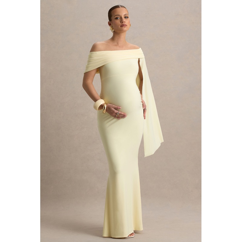 Aquila | Lemon Bardot Maternity Maxi Dress With Drape Sleeve