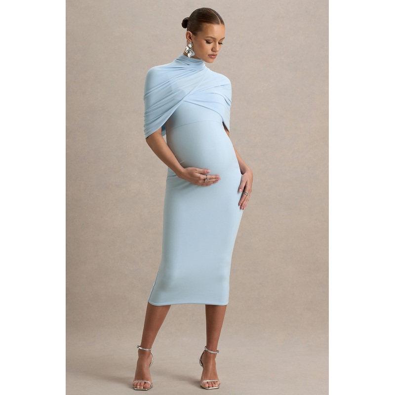 Augustina | Powder Blue Maternity Midi Dress With Cape