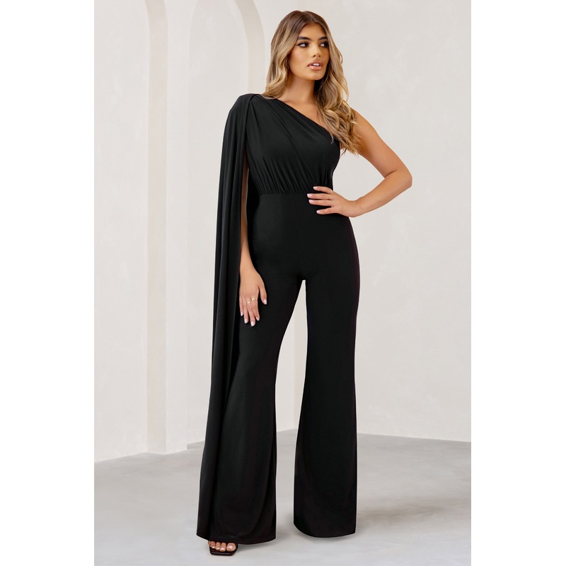 Aurora | Black One Shoulder Cape Sleeve Jumpsuit