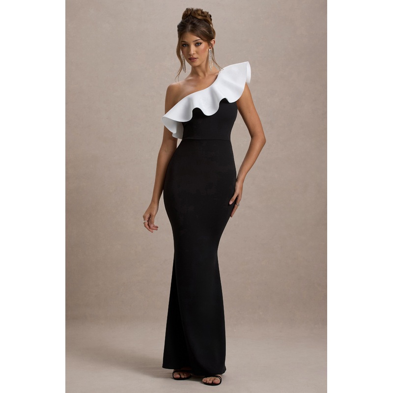 Berkley | Black & White Ruffled One-Shoulder Maxi Dress