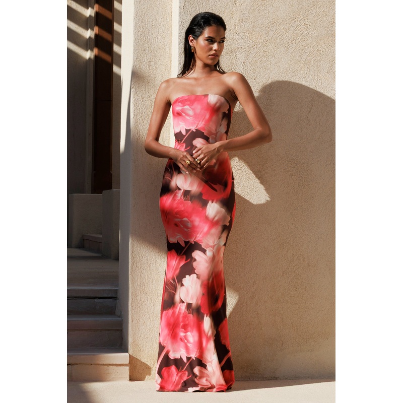 Ceremony | Red Floral Print Bandeau Fishtail Maxi Dress