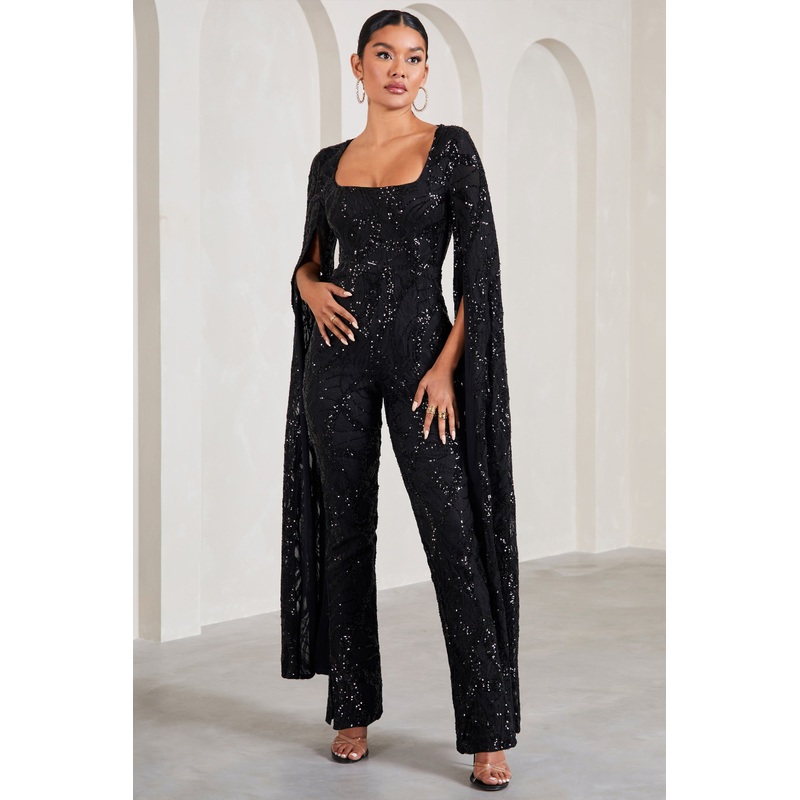 Cher | Black Sequin Lace Square-Neck Jumpsuit With Cape Sleeves