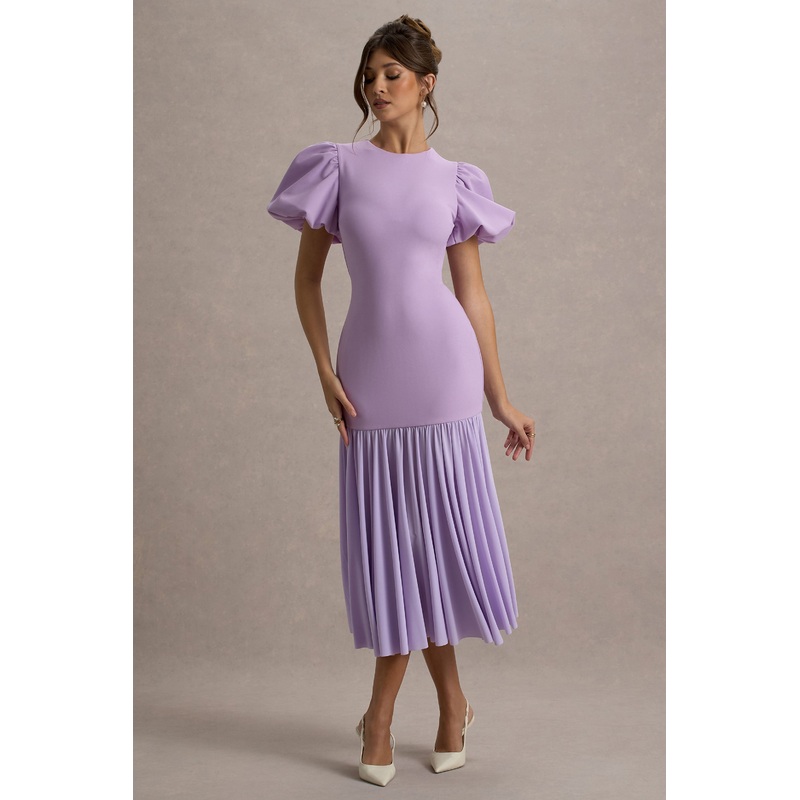 Cinzia | Lilac Puff-Sleeve Volume-Hem Midi Dress